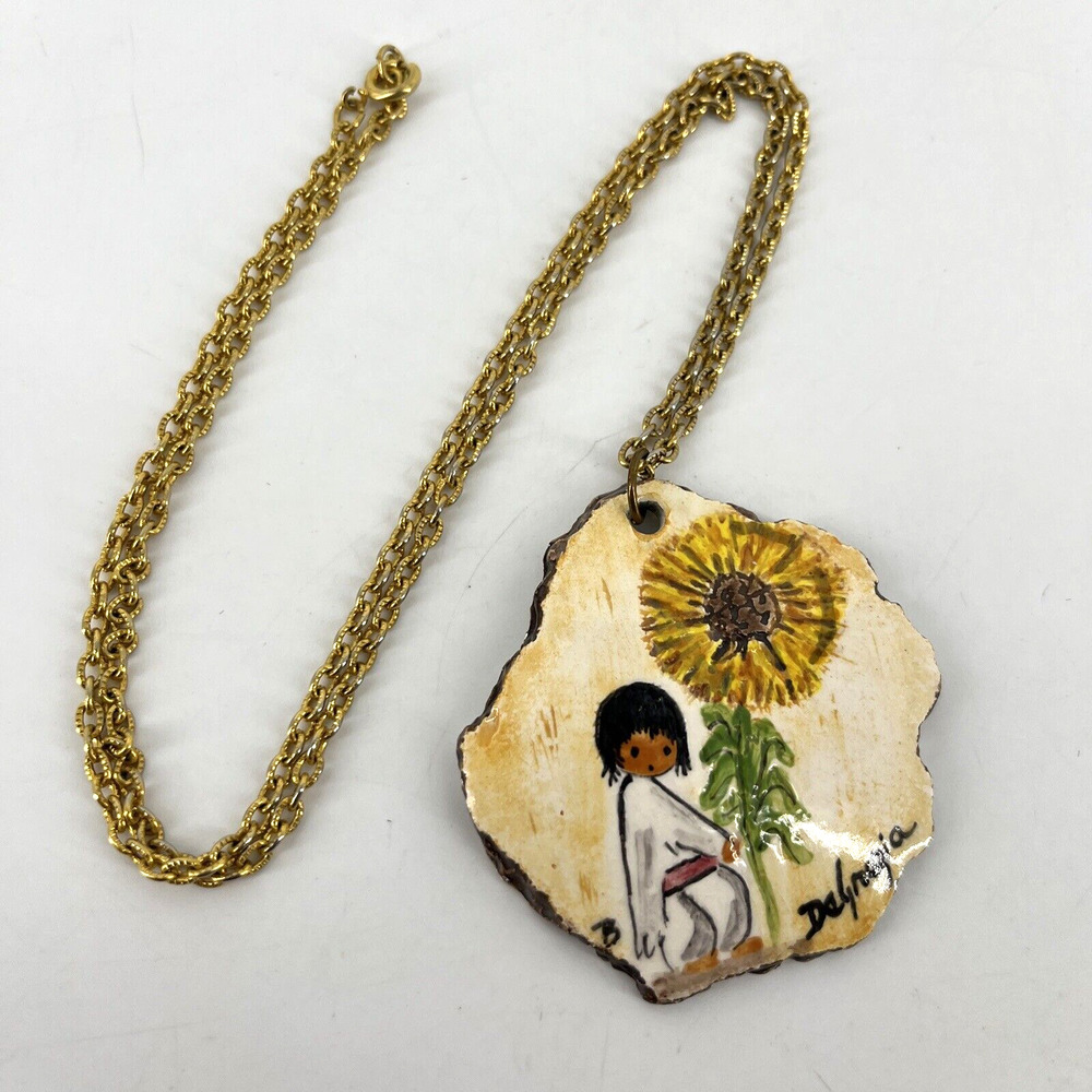 Vtg Ted DeGrazia Hand Painted & Signed Little Girl Sunflower Gold Chain Necklace